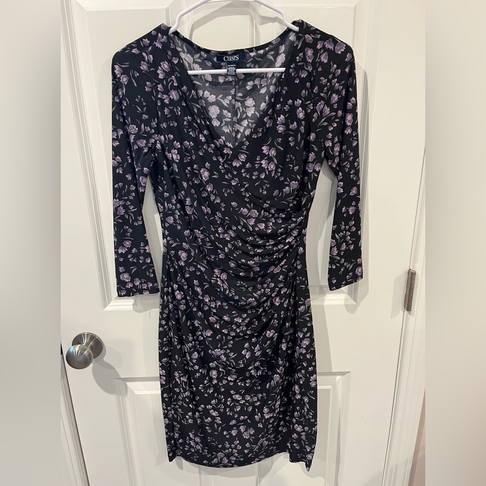 Chaps Black and Purple Floral Dress Size XS